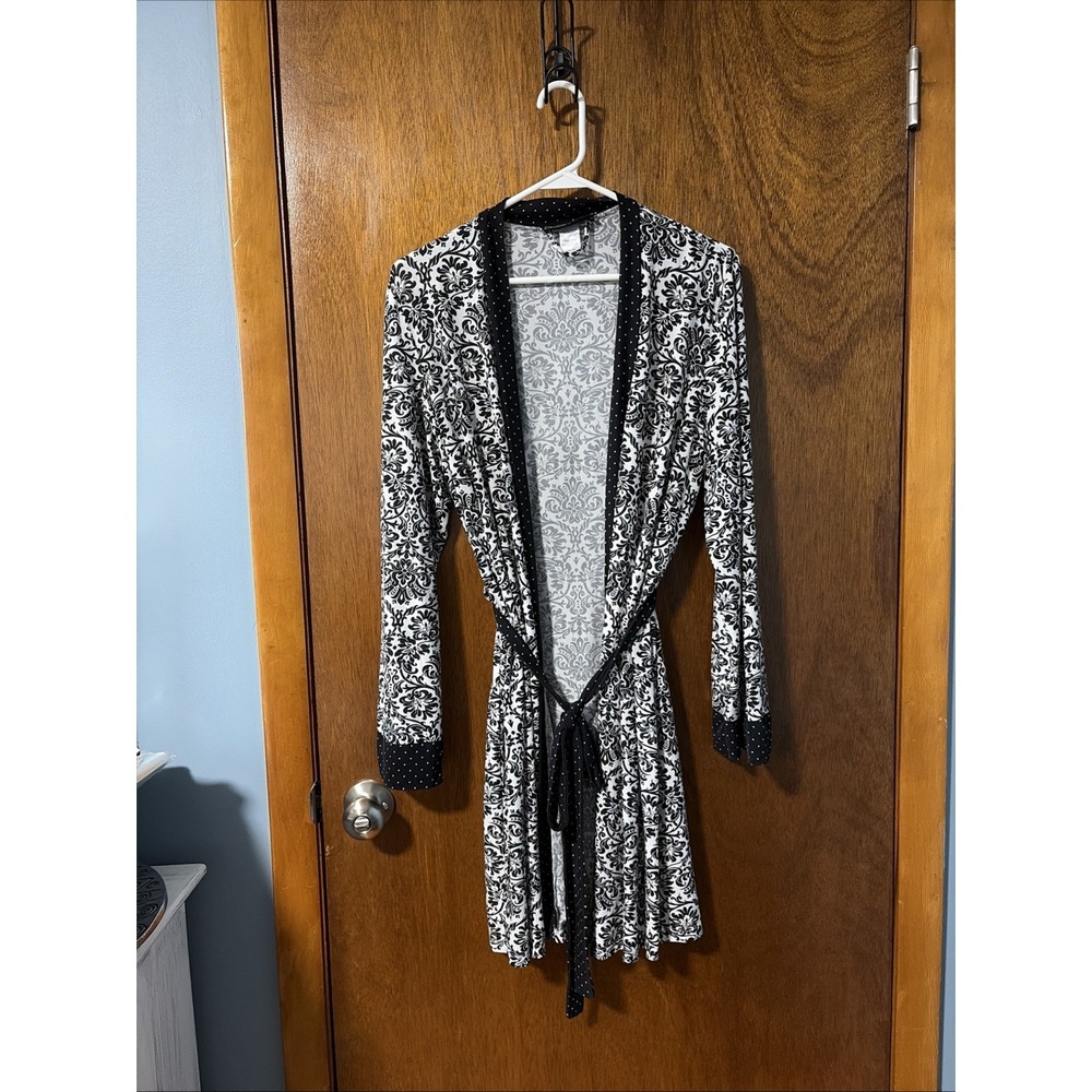 Studio Donatella Wrap Robe Black White Damask Polka Dot Trim Size S/M TN0831